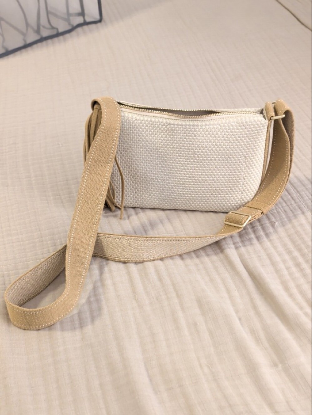 Rothy's The Casual Cream Woven Crossbody Bag with Tan Strap - Picture 3 of 8